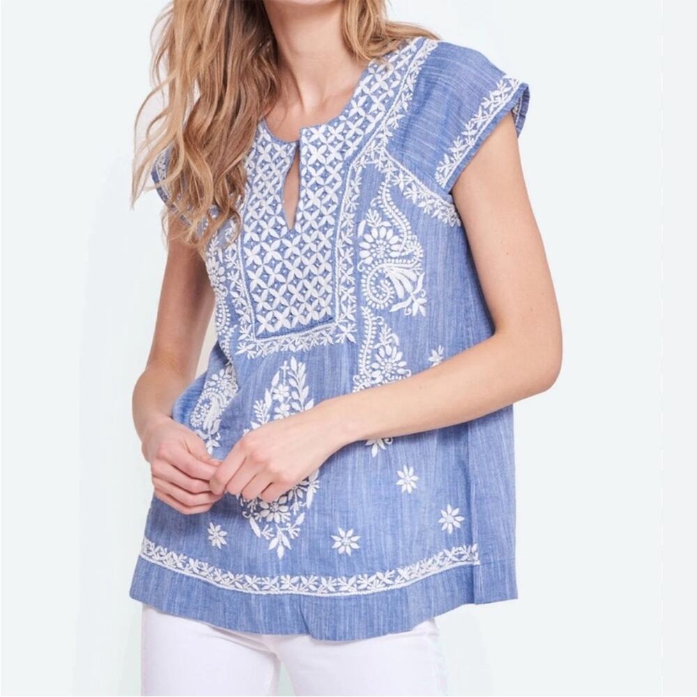 Roller Rabbit Chambray Faith Embroidered Flower Yoke 100% Cotton Pullover Top XS